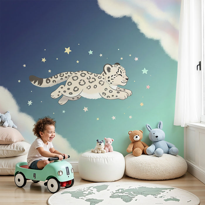 Babykamer behang | Sneeuwluipaard springend tussen de sterren