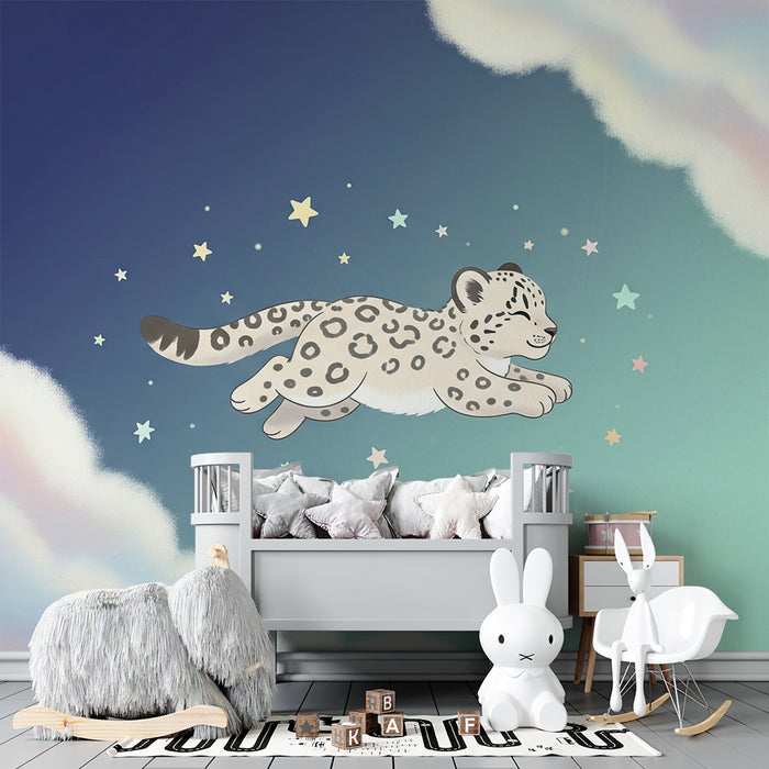 Babykamer behang | Sneeuwluipaard springend tussen de sterren