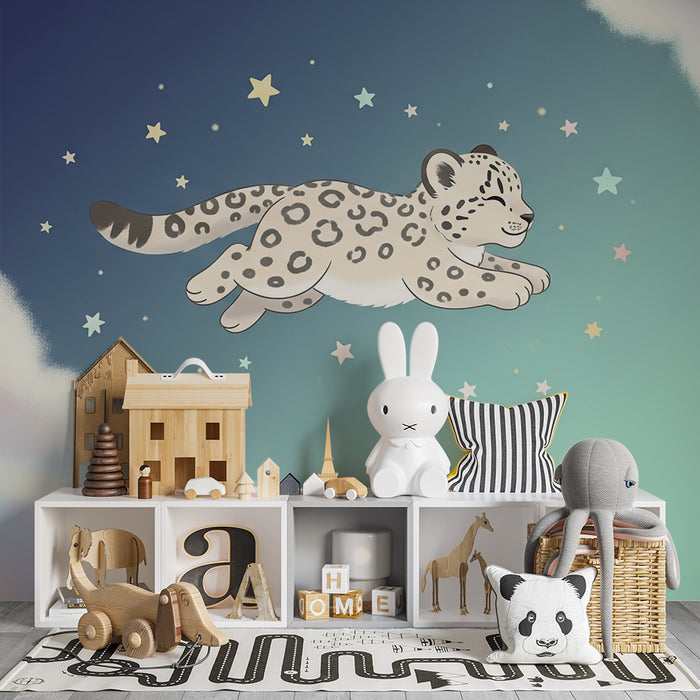Babykamer behang | Sneeuwluipaard springend tussen de sterren