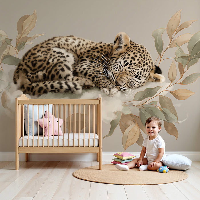 Lastenhuoneen tapetti | Nukkuva leopardi ympäröi pehmeitä lehtikasveja