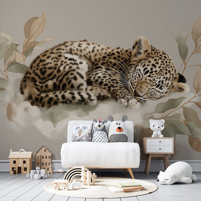 Lastenhuoneen tapetti | Nukkuva leopardi ympäröi pehmeitä lehtikasveja