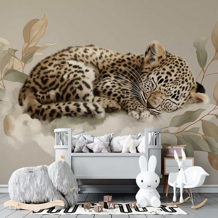 Lastenhuoneen tapetti | Nukkuva leopardi ympäröi pehmeitä lehtikasveja