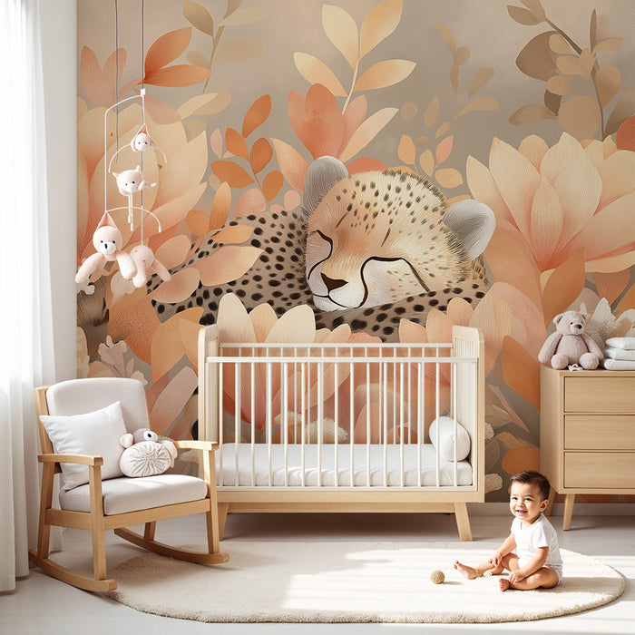 Babyzimmer Tapete | Schlafender Leopard zwischen sanften und zarten Blumen