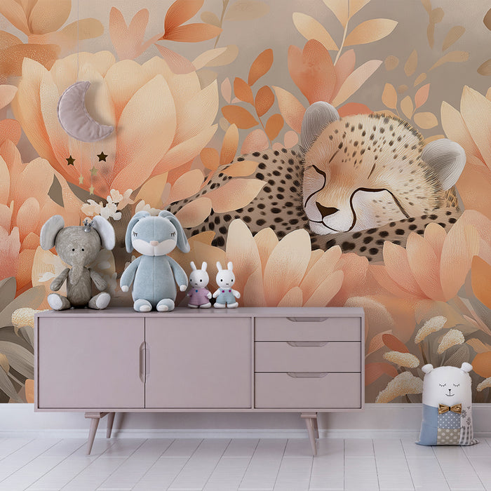 Babyzimmer Tapete | Schlafender Leopard zwischen sanften und zarten Blumen