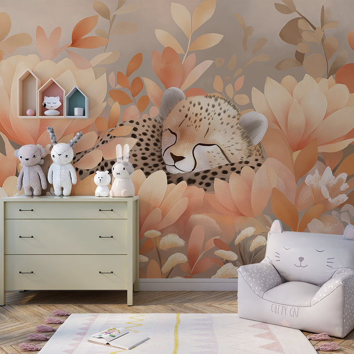 Babyzimmer Tapete | Schlafender Leopard zwischen sanften und zarten Blumen