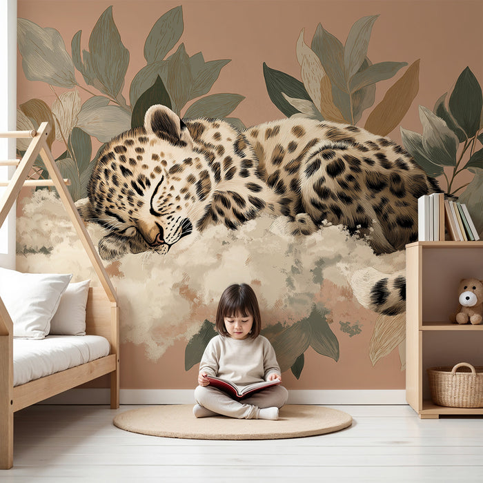 Papier peint chambre bébé | Léopard endormi parmi les feuilles tropicales