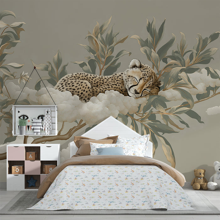 Papel de parede quarto bebê | Спяща леопард на облак сред листата