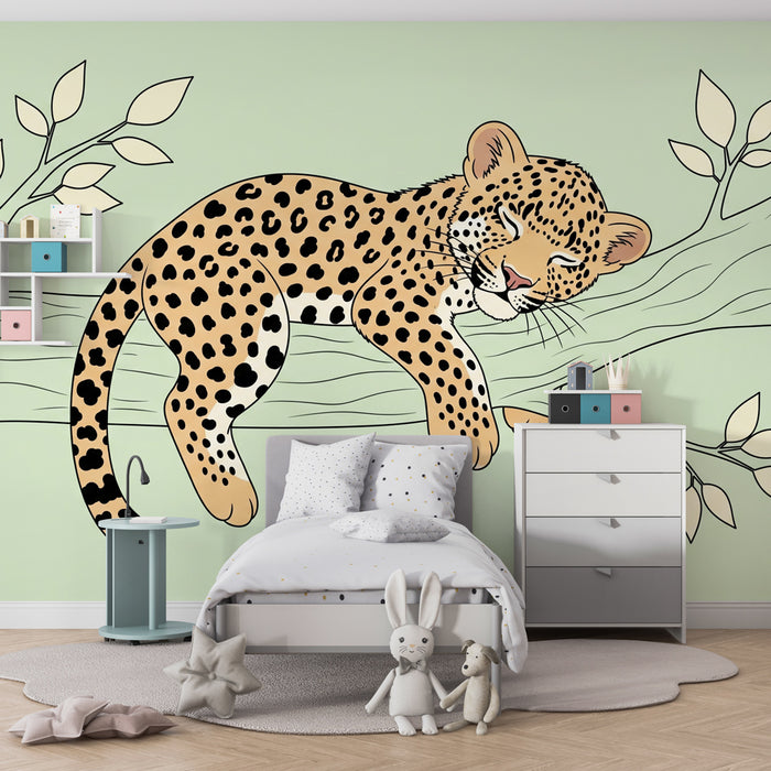 Børneværelse tapet | Sovende leopard på en gren