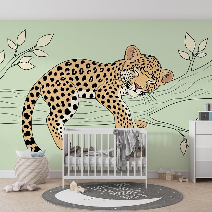 Børneværelse tapet | Sovende leopard på en gren