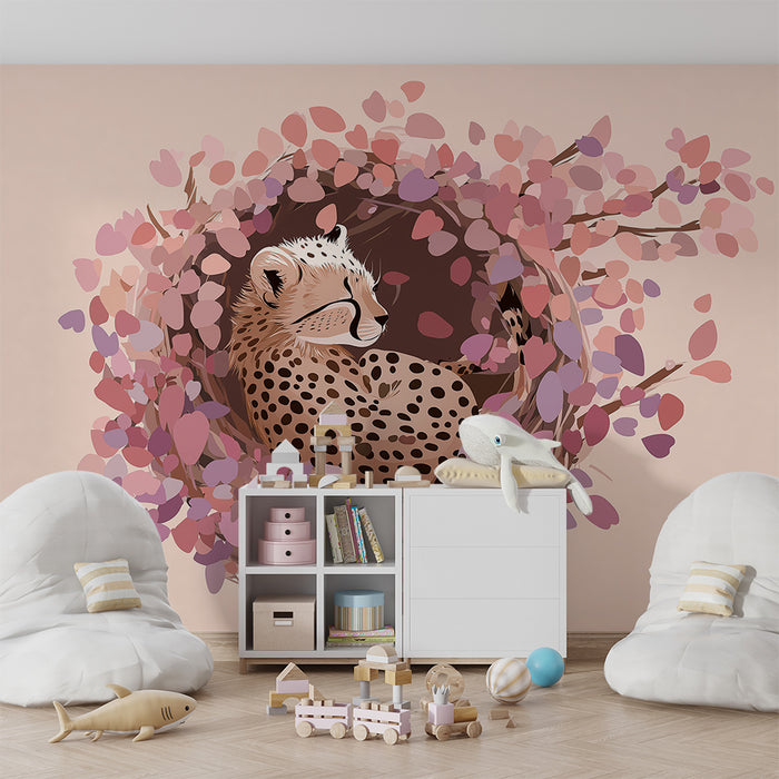 Papier peint chambre bébé | Léopard paisible entouré de feuilles roses