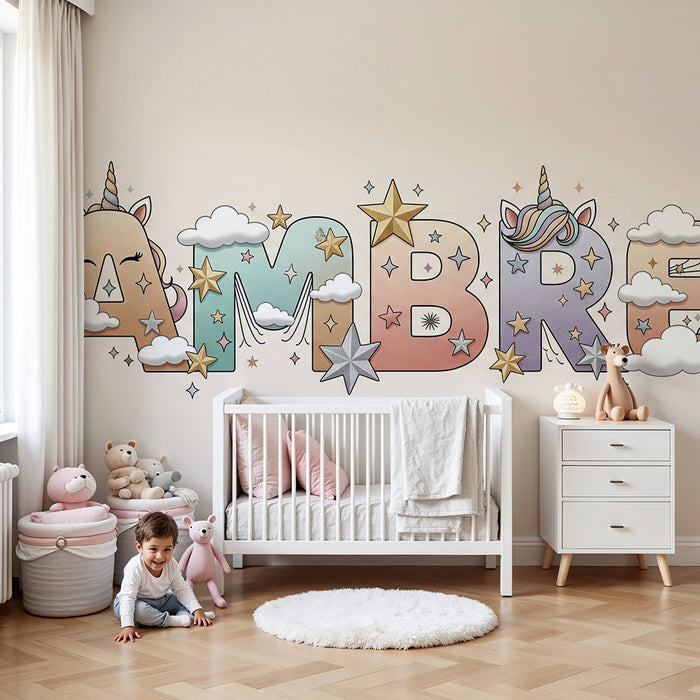 Lastenhuoneen tapetti | Värikkäät kirjaimet yhdessä yksisarvisen ja kimaltelevien tähtien kanssa