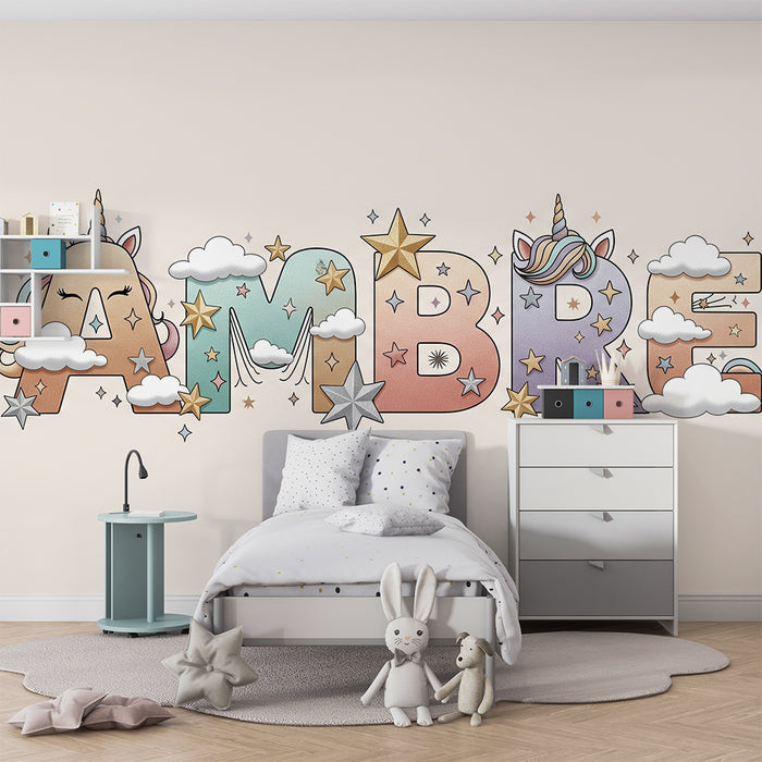 Lastenhuoneen tapetti | Värikkäät kirjaimet yhdessä yksisarvisen ja kimaltelevien tähtien kanssa