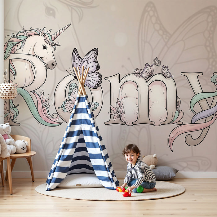 Carta da parati bambini | Lettere decorative con unicorno e farfalle