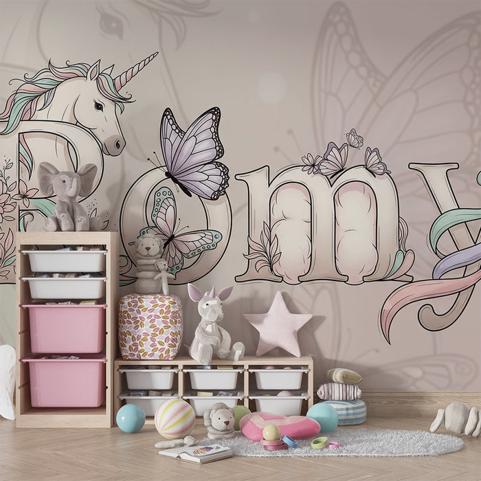 Carta da parati bambini | Lettere decorative con unicorno e farfalle