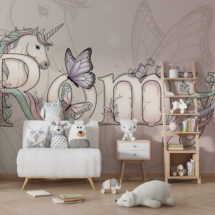 Carta da parati bambini | Lettere decorative con unicorno e farfalle