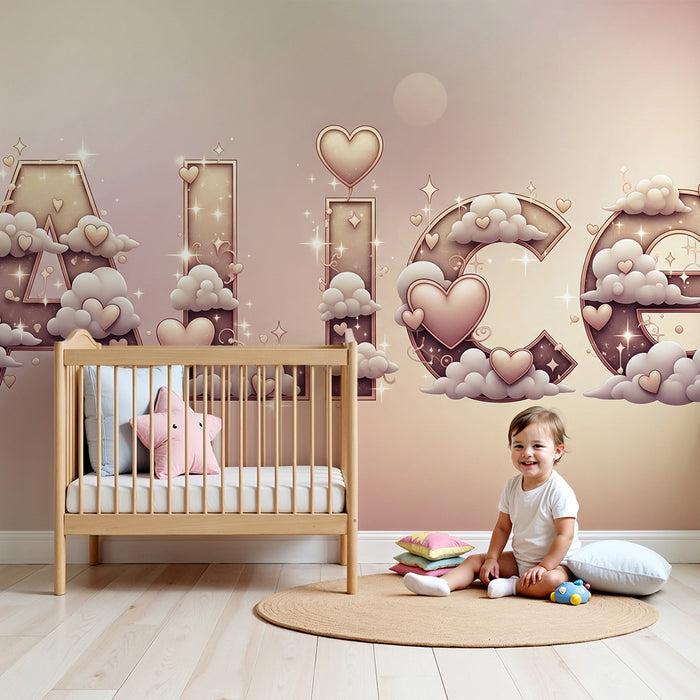 Lastenhuoneen tapetti | Pilvissä olevat kirjaimet ja kimaltelevat sydämet luovat lempeän tunnelman