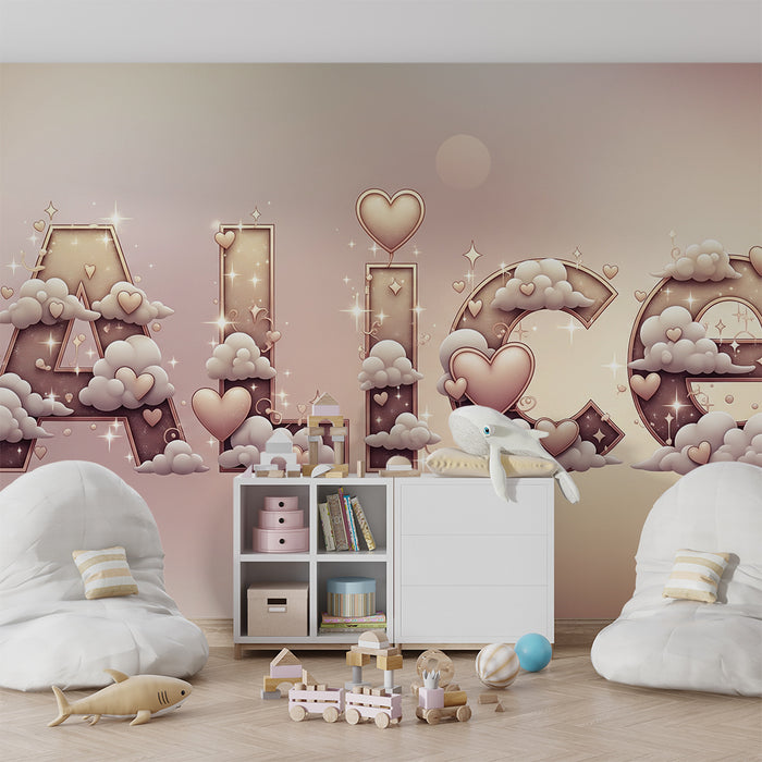 Lastenhuoneen tapetti | Pilvissä olevat kirjaimet ja kimaltelevat sydämet luovat lempeän tunnelman
