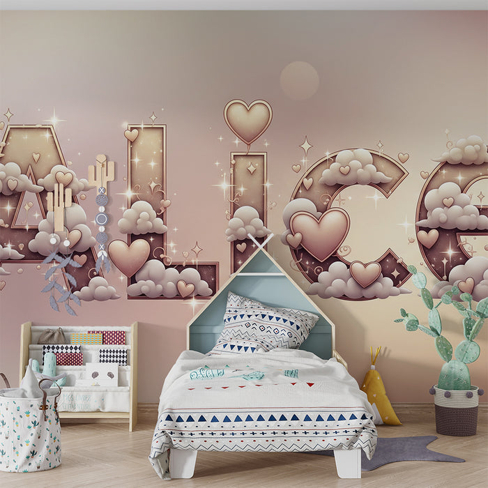 Lastenhuoneen tapetti | Pilvissä olevat kirjaimet ja kimaltelevat sydämet luovat lempeän tunnelman