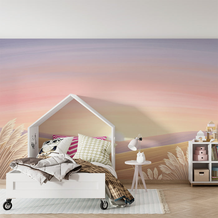 Nursery room wallpaper | Soft sunrise over golden hills