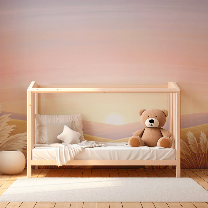Nursery room wallpaper | Soft sunrise over golden hills