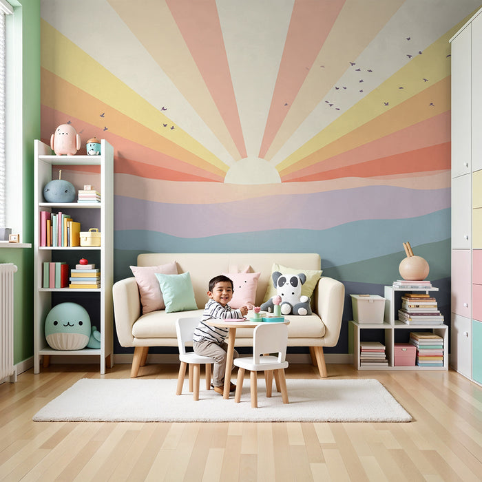 Lastenhuoneen tapetti | Pastellivärinen auringonnousu pehmeiden vuorten kanssa