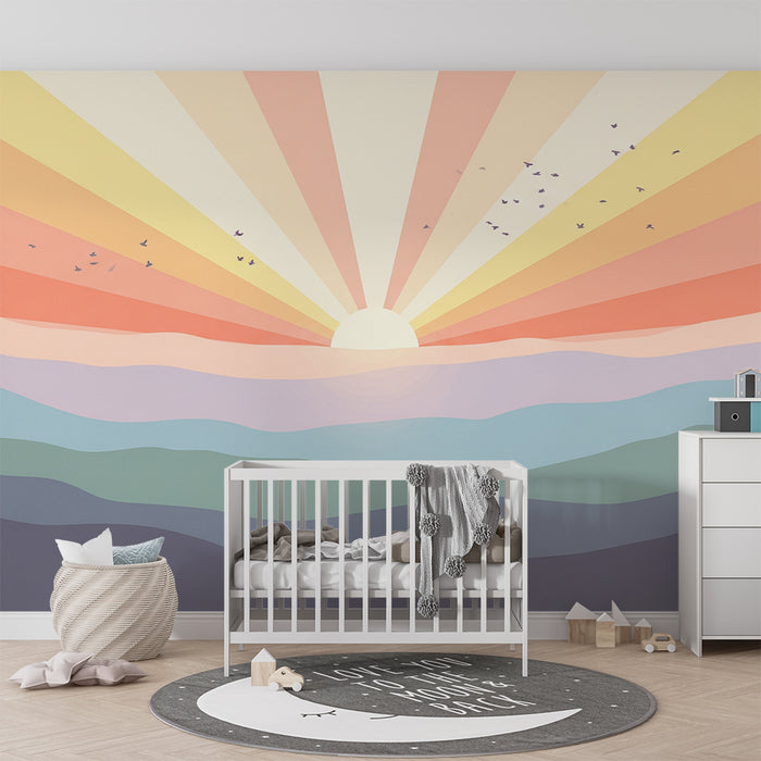 Lastenhuoneen tapetti | Pastellivärinen auringonnousu pehmeiden vuorten kanssa