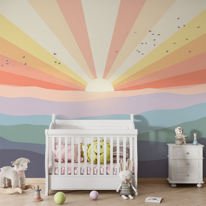 Lastenhuoneen tapetti | Pastellivärinen auringonnousu pehmeiden vuorten kanssa