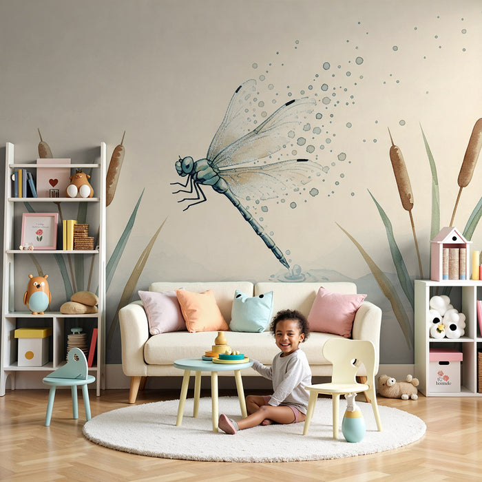 Papier peint chambre bébé | Libellule délicate sur fond aquatique apaisant