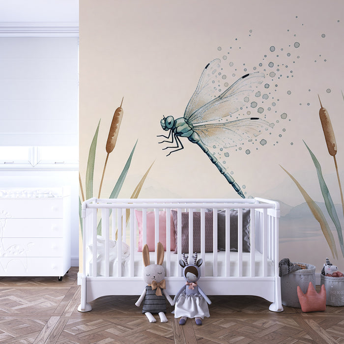 Papier peint chambre bébé | Libellule délicate sur fond aquatique apaisant