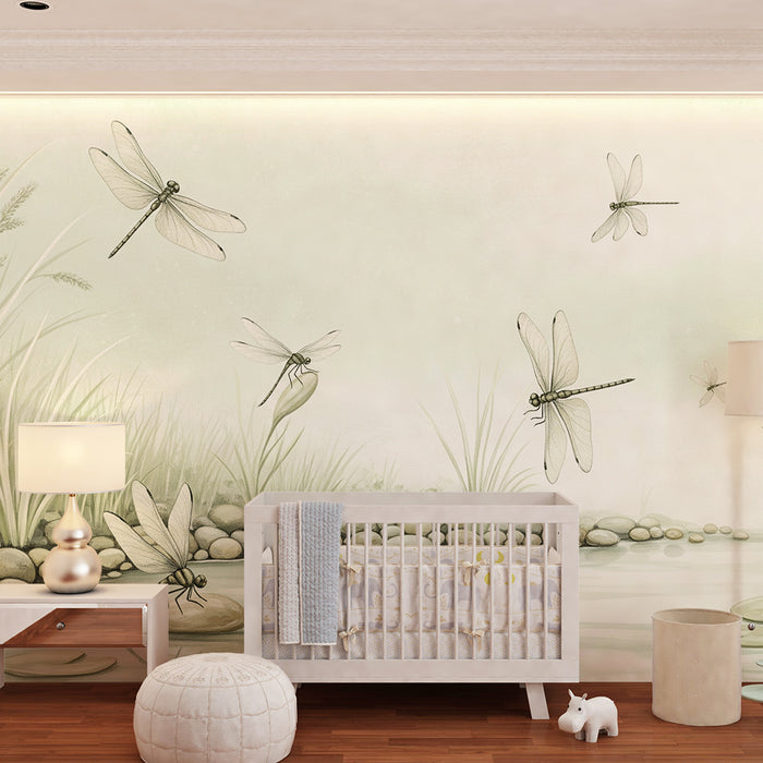 Papel de parede para quarto de bebé | Libélulas delicadas à beira da água