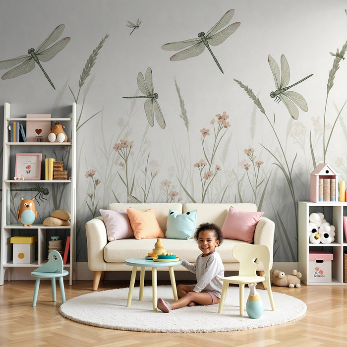 Papier peint chambre bébé | Libellules délicates dans un champ de fleurs pastel