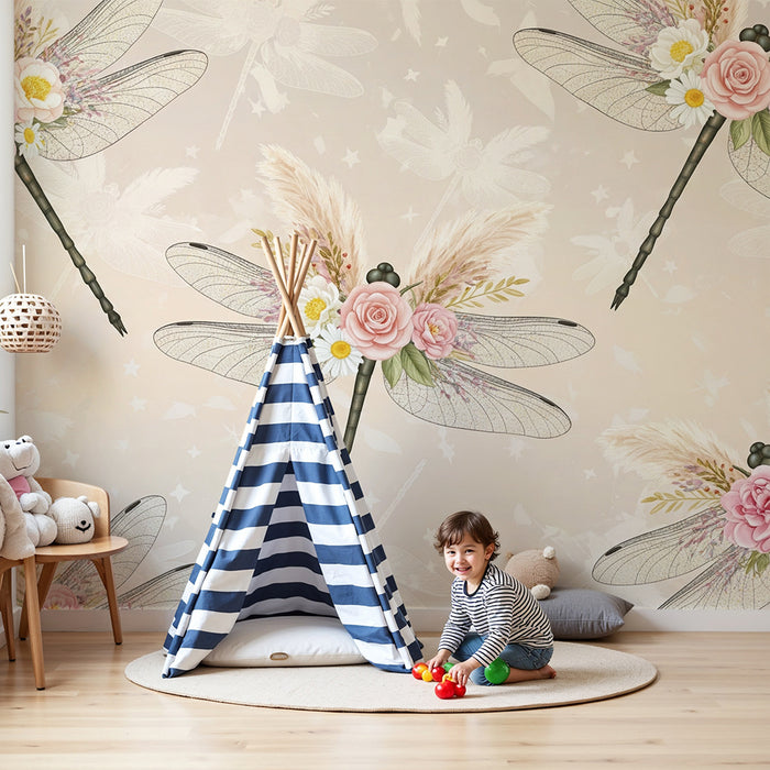 Tapeta dětského pokoje | Elegantní vážky zdobené pastelovými květy