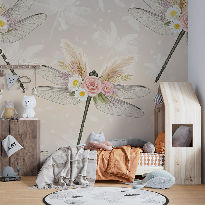 Tapeta dětského pokoje | Elegantní vážky zdobené pastelovými květy