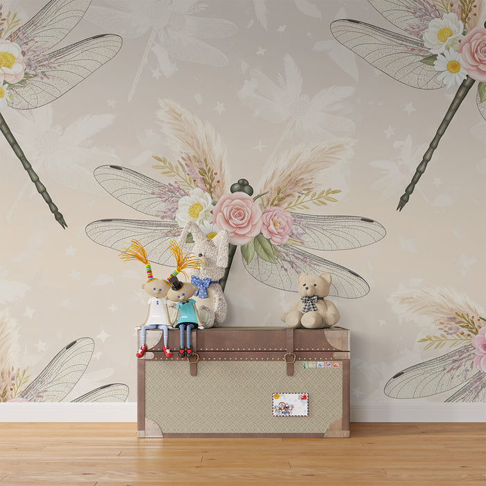 Tapeta dětského pokoje | Elegantní vážky zdobené pastelovými květy