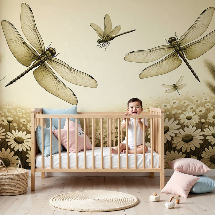 Papier peint chambre bébé | Libellules et fleurs dans un paysage doux