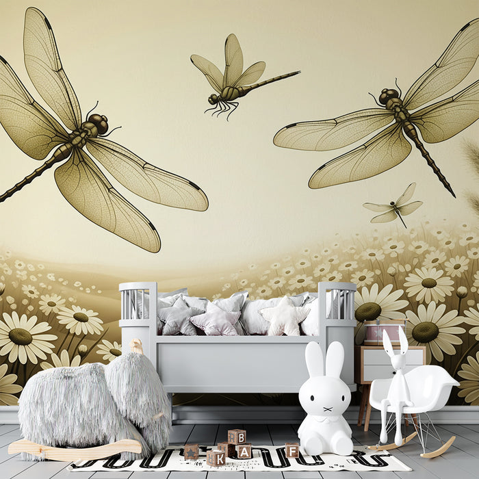 Papier peint chambre bébé | Libellules et fleurs dans un paysage doux