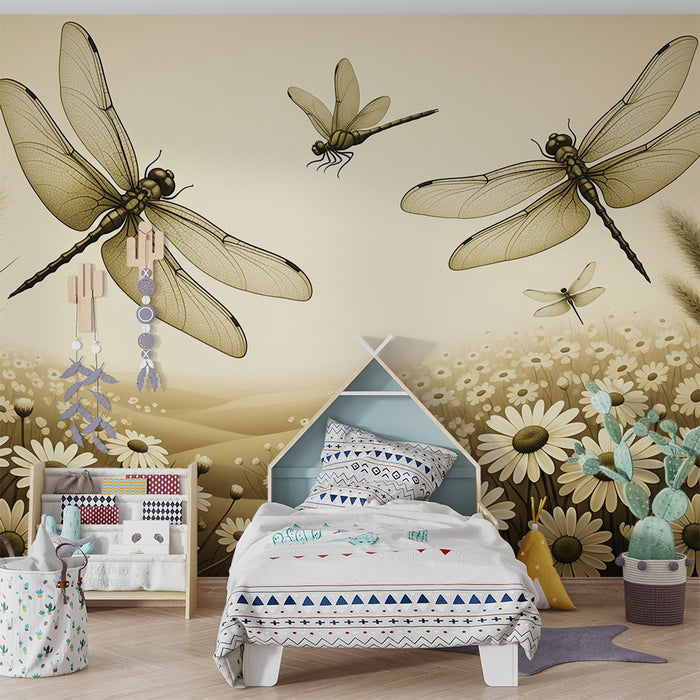 Papier peint chambre bébé | Libellules et fleurs dans un paysage doux