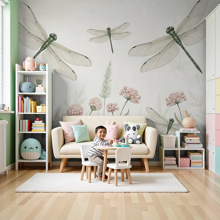 Papier peint chambre bébé | Libellules et fleurs délicates dans un jardin paisible