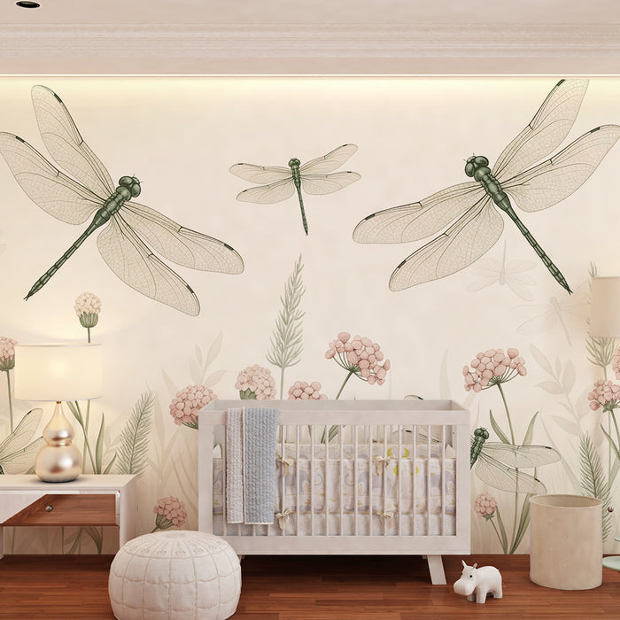 Papier peint chambre bébé | Libellules et fleurs délicates dans un jardin paisible