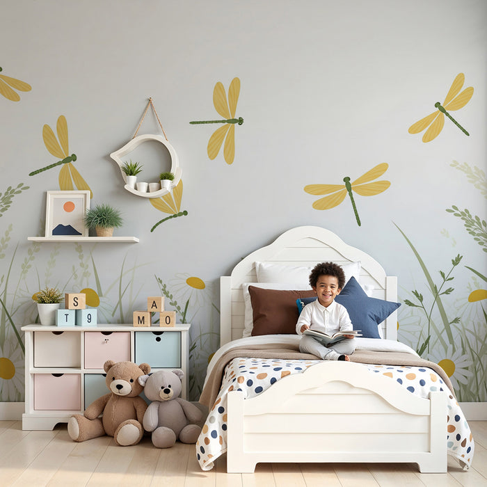 Papier peint chambre bébé | Libellules et fleurs des champs dans une prairie douce