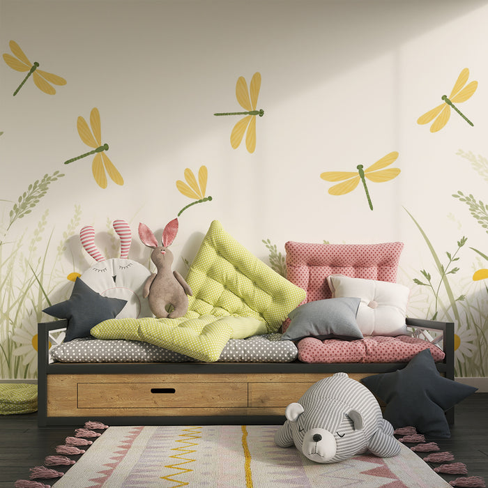Papier peint chambre bébé | Libellules et fleurs des champs dans une prairie douce