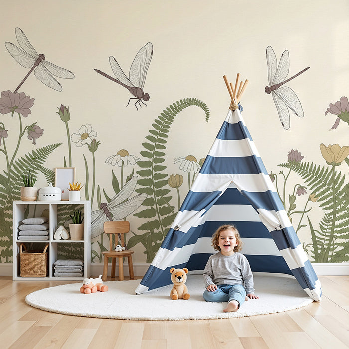 Papel de parede para quarto de bebé | Libélulas e flores silvestres num jardim tranquilo