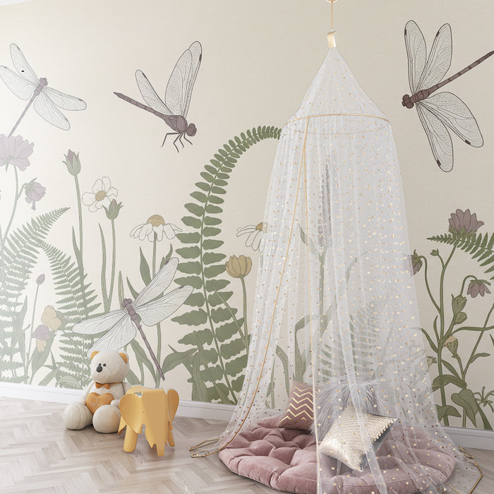 Papel de parede para quarto de bebé | Libélulas e flores silvestres num jardim tranquilo