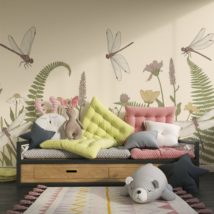 Papel de parede para quarto de bebé | Libélulas e flores silvestres num jardim tranquilo