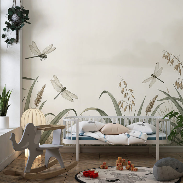 Papier peint chambre bébé | Libellules et herbes douces dans un paysage apaisant