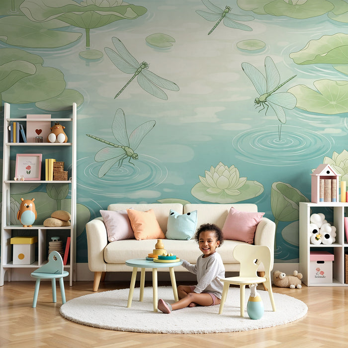 Papier peint chambre bébé | Libellules et nénuphars dans un étang paisible