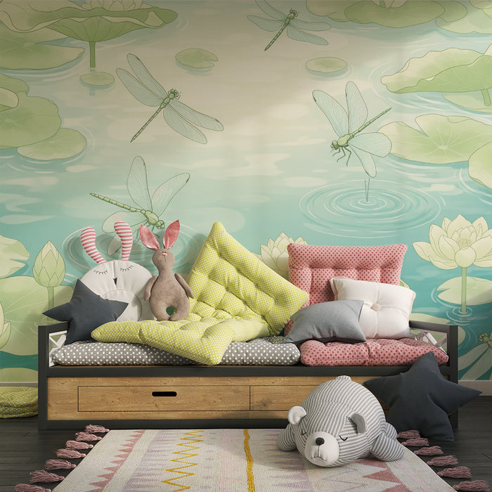 Papier peint chambre bébé | Libellules et nénuphars dans un étang paisible