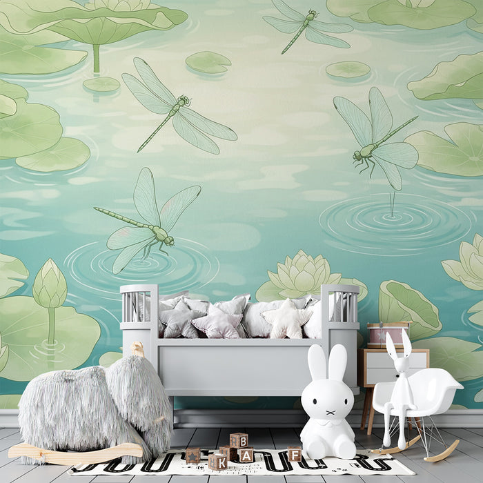 Papier peint chambre bébé | Libellules et nénuphars dans un étang paisible