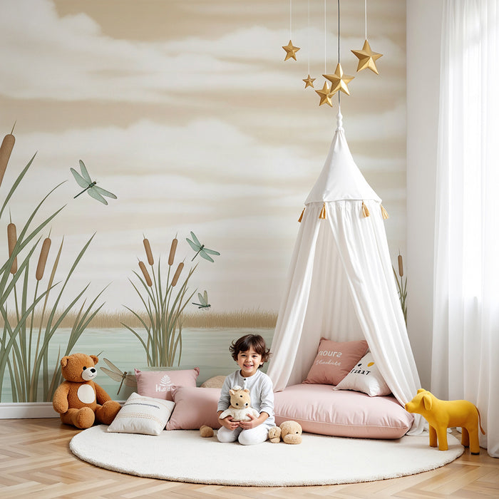 Papier peint chambre bébé | Libellules et roseaux au bord de l'eau