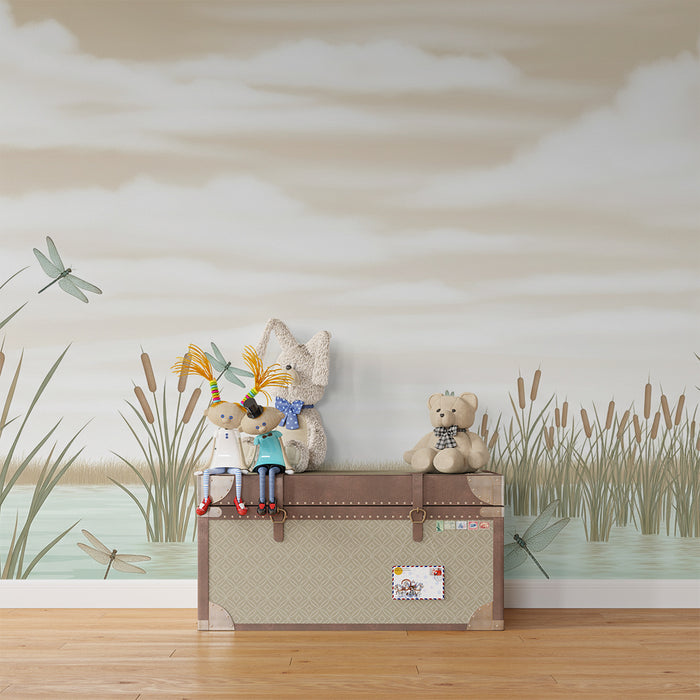 Papier peint chambre bébé | Libellules et roseaux au bord de l'eau